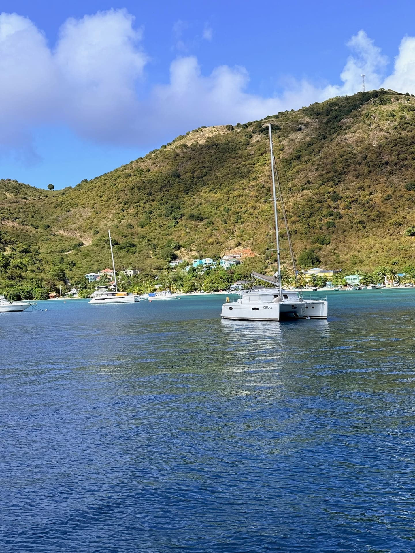 A catamaran anchored in bright turquoise water below a green island headland under a blue sky